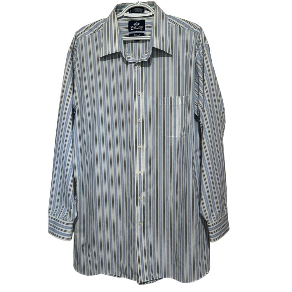 Stafford Men's Fitted Blue Black Striped Long Sleeve Button Front Shirt Size 18